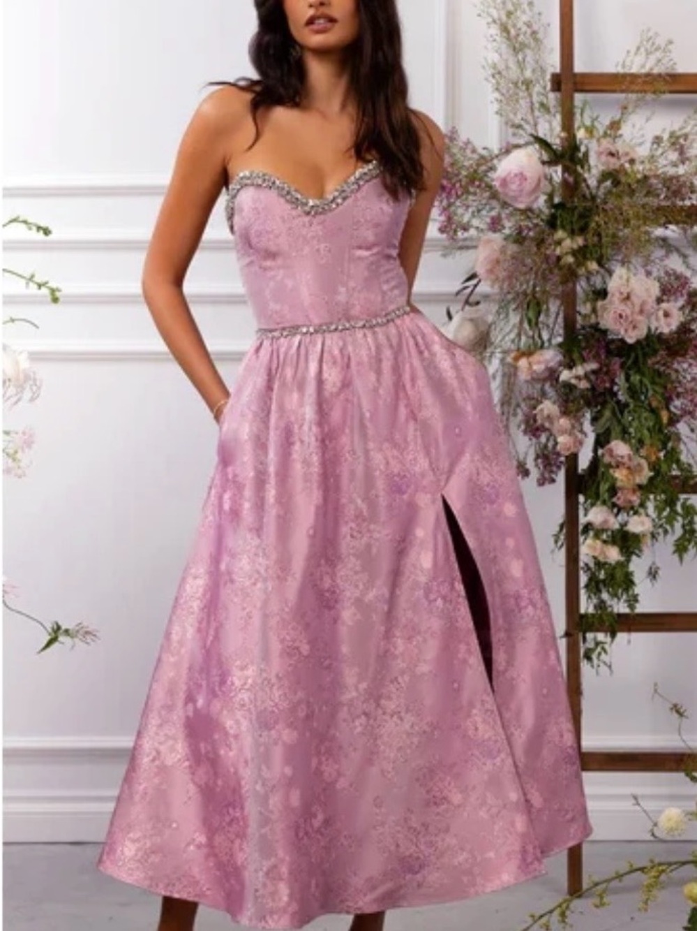 V. Chapman Strapless Jacquard Midi Dress with Crystal Trim